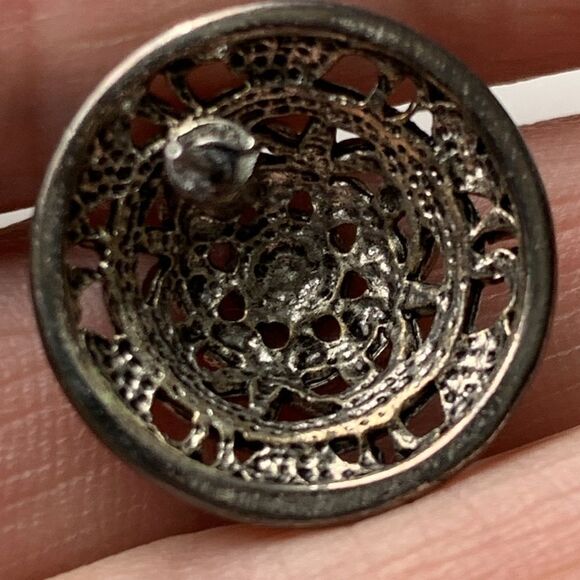 Vintage Domed Button Earrings – Silver Tone Scrollwork with Black Cabochon - Picture 5 of 7